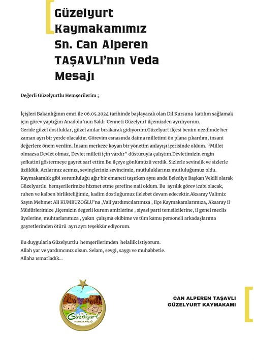 Güzelyurt Kaymakamımız Sn. Can Alperen TAŞAVLI'nın Veda Mesajı 